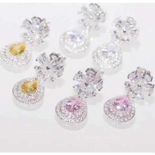 925 Sterling Sliver Austrian Flower Shape Zircon Water Drop Crystal Pendant Drop Earrings For Bridal Wedding Jewelry