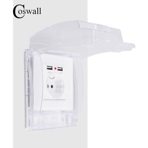 Coswall IP55 Waterproof Dust-proof Transparent Box + White Glass Wall Panel EU Standard Socket With Dual USB Charging Port