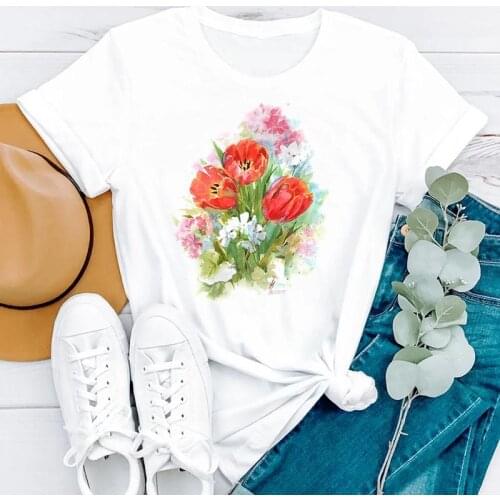 2021 90s Ladies Flower Floral Clothing Summer Short Sleeve Women Fashion Clothes Print Tshirt Female Tee Top Graphic T-shirt