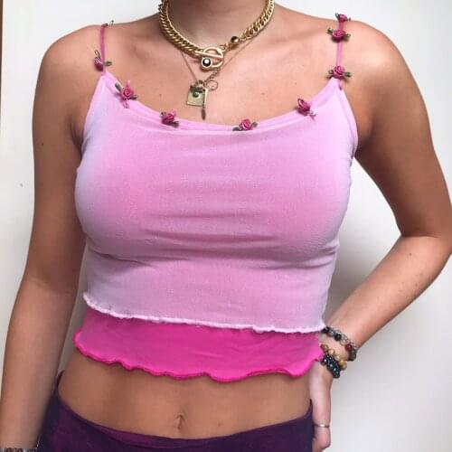 Ladies Summer Sexy Midriff-baring Camisole Girls Flower Decoration Double Layer U-neck Sleeveless Top Slim Base Shirt