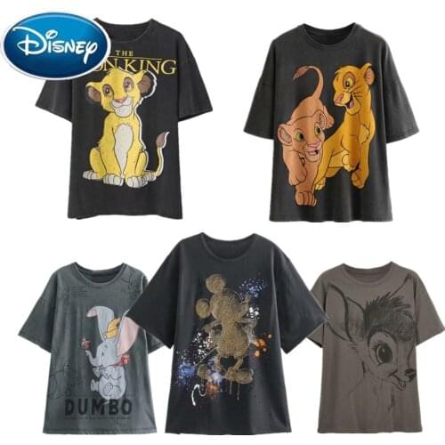 Women Cotton Tee Tops Print Disney T-shirt Mickey Mouse Winnie The Pooh Bear Bambi Peter Pan Fairies Daisy Duck Dumbo Cartoon
