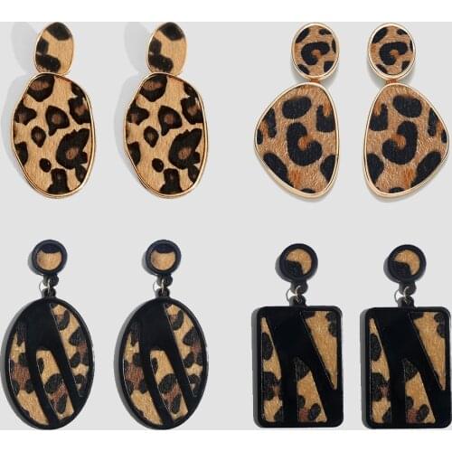 Flatfoosie Fashion Leopard Print Drop Earrings For Women Geometric Square Long Vintage Dangle Statement Long Earring Jewelry