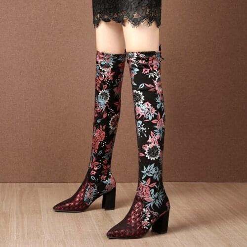 Pointed Toe PU Over The Knee Boots Women Botas Mujer Thick Heels Pumps Women High Heels Roman Vogue Women High Boots Flowers