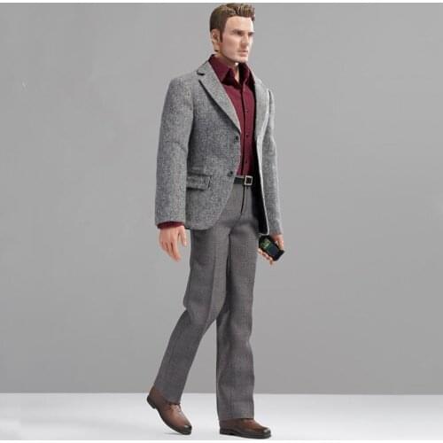 CEN-M12 1/6 Grey Suit Coat Pants Shirt Belt with Shoes Models for 12inch Action Figure Hobbygift DIY