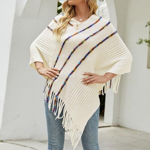 Autumn Sweater Poncho Women Knitted Sweater O Neck Pullover Shawls Wraps Capes With Stripe Patterns And Fringed Sides