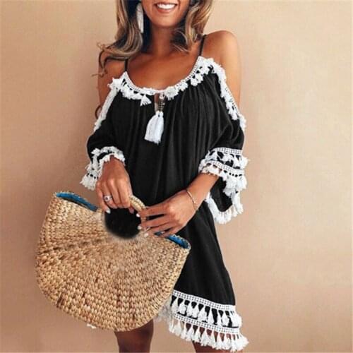 Womens Summer Hanging Neck Tassel Clear Off Shoulder Dress Women Boho Beach Dress Ruffle Short Sleeve Sundress Robe