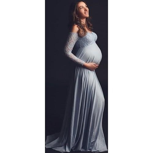 Women V-neck Lace Stitching Pregnants Photography Props Long Maternity Dress Одежда Для Беременных Maternity Clothes