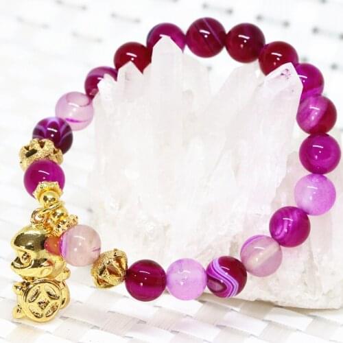 Gold-color monkey pendant 8mm rose red veins agat carnelian onyx round beads original bracelet women fine jewelry 7.5inch B2085