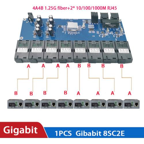 10/100/1000M PCBA board Gigabit switch Ethernet Fiber Optical Media Converter 8 Port 1.25G SC 2 RJ45
