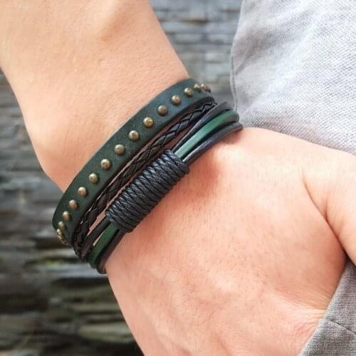 2020 Punk Rock Street Snap Fashion Punk Metal Rivet Bracelet Multilayer Leather Bracelet