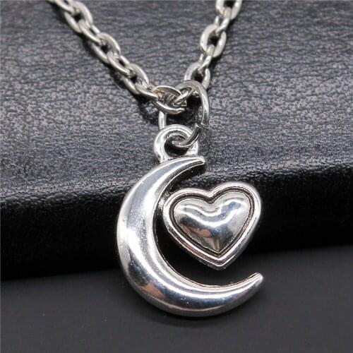 Fashion Antique Silver Color 18x14mm Heart Moon Charms Pendant Necklace Short Chain Necklace For Women Dropshipping Welcome