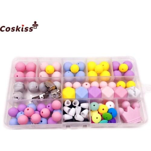 Baby Teether Toys Fresh Colors Silicone Teething Kit Geometric Hexagon Silicone Wooden Rings Teething Bead DIY Nursing Necklack