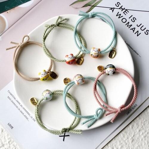 Ceramic Lucky Cat Hair Hairbands Elastic Rope Rubber Band Hair Ring Jewelry #MZ203