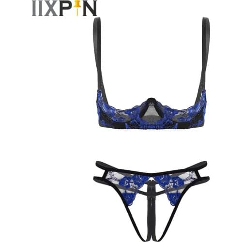 Womens Sexy Open Cup Bra Top Crotchless G-string Thongs Underwear Set Embroidery Floral Lace Erotic Lingerie Set Sexy Bra Set