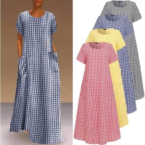 Summer Dress VONDA 2021 Women Casual Short Sleeve Plaid Printed Sundress Loose Pleated Mid-Calf Dresses Femme Party Robe