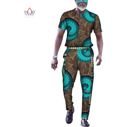 Summer African Design Clothing Bazin Riche Men 2 Pieces Pants Sets African Clothes Casual Mens Top Shirts and Pants Sets WYN608