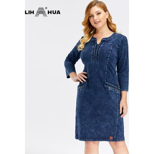 LIH HUA Womens Plus Size Denim Dress Elasticity Knitted Denim Dresses Slim Fit Casual Dress Shoulder Pads Midi Dress