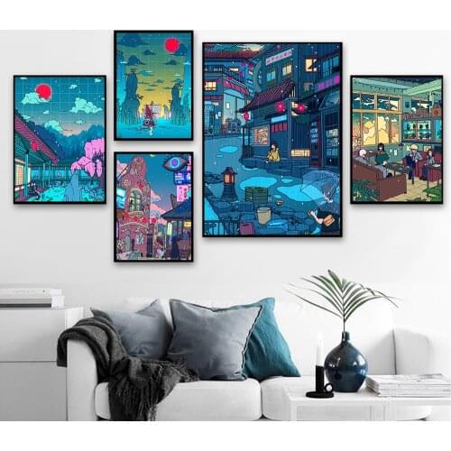 Wall Art Anime HD Cartoon View Street Poster Home Decoration Night Tree Cute Painting Bedroom Modular Posters Canvas Painting