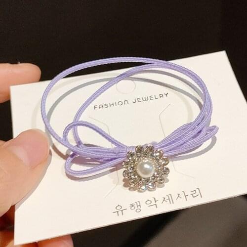 New Fashion Hair Accessories Hand Knotted Colorful Imitation Pearl Rhinestone Flower Rope Girls Rubber Band