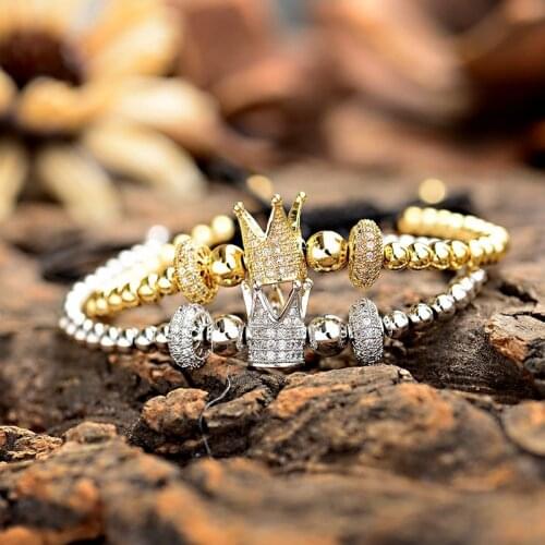 New Design Luxury Gold Crown CZ White Zircon Men Braided Bracelet Copper Wheel Beads Bracelets&Bangles For Women AB1295