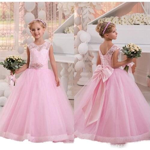 Flower Girl Dresses Princess Sheer Crew Applique Girls Pageant Gowns with Bow Sash Back