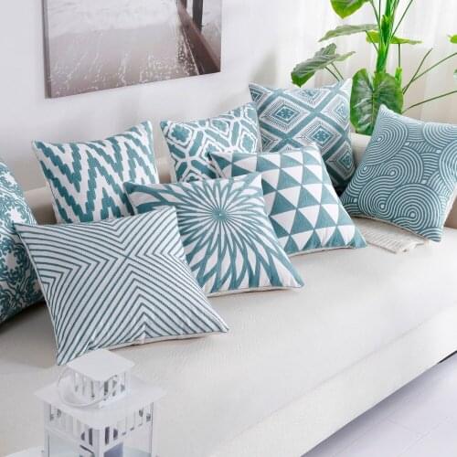 Nordic Style Thick Cushion Cover Fashion Blue Embroidery Geometric Pillow Cover 45cm*45cm Home Office Cushion Cover Car pillows