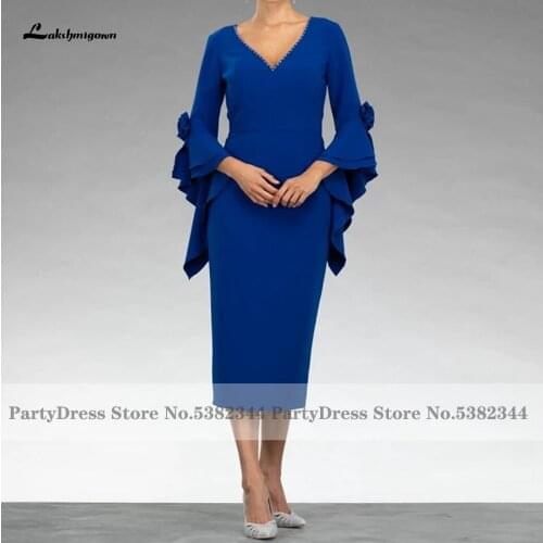 Modest Royal Blue Mother of Bridal Dress for Wedding Cocktail Party Gowns 2021 Robe Satin Guest Evening Dresses 3/4 Puffy Sleeve