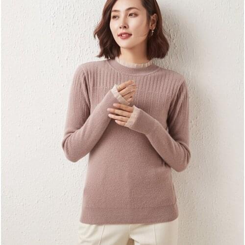 21 Autumn And Winter New Half-High Collar Wool Sweater Womens Pullover Lace Hollow Slim Wild Pure Color Knitted Bottoming Shirt