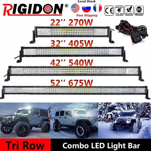 RIGIDON 7D Tri Row 22/32/42/52inch LED Light Bar Flood Spot Combo Beam for Offroad Truck 4WD SUV Car Driving Light With Wiring