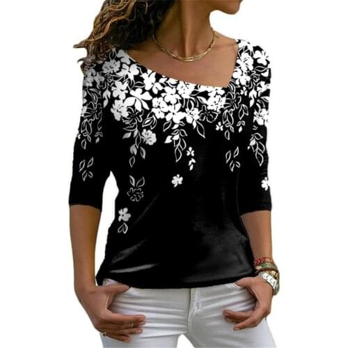 2021 Fall/Winter T-Shirt Women Featured Flower Leaf Print Casual Loose Asymmetric Collar Long Sleeve Harajuku Tee Top Female 3XL