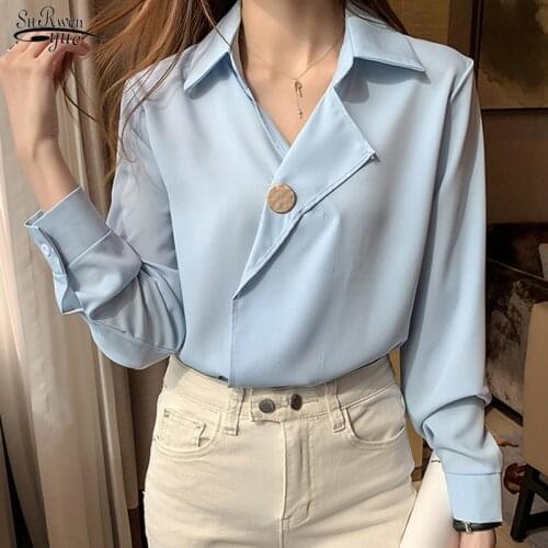 2021 Autumn V-neck Chiffon Blouse Women White Tops and Blouses Super Fairy Office Lady Shirt Long Sleeve Chemisier Femme 10684