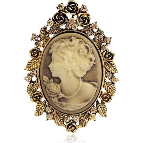 High Quality Vintage Lapel Pin Badge Crystal Cameo Lady Maiden Flower Brooch Rhinestone Jewelry Luxury Women Accessories