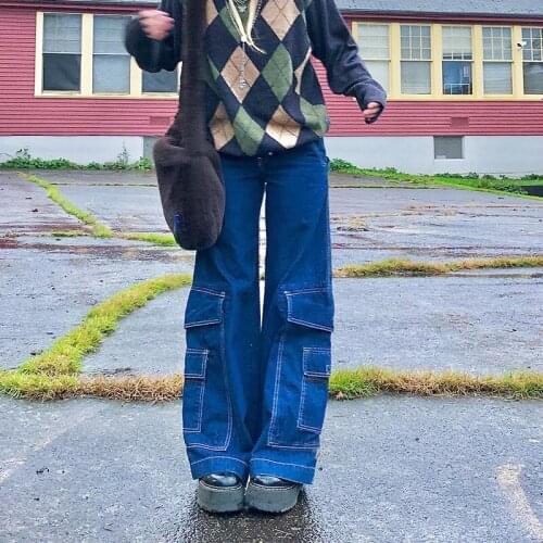 Y2K Baggy Wide Leg Jeans Women Big Pockets Patchwork Streetwear Cargo Flare Pants High Waist Vintage E Girl Denim Trousers