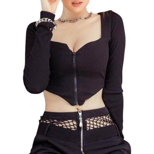 Women Fashion Long Sleeve Zipper Tops Stylish Solid Knitted Top for Ladies Female Summer Short Black/White Blouse