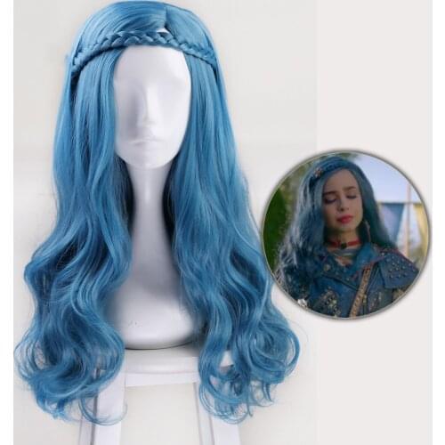 60cm Descendants 2 Blue Long Wavy Wig Cosplay Costume Women Synthetic Hair Party Role Play Wigs + Wig Cap