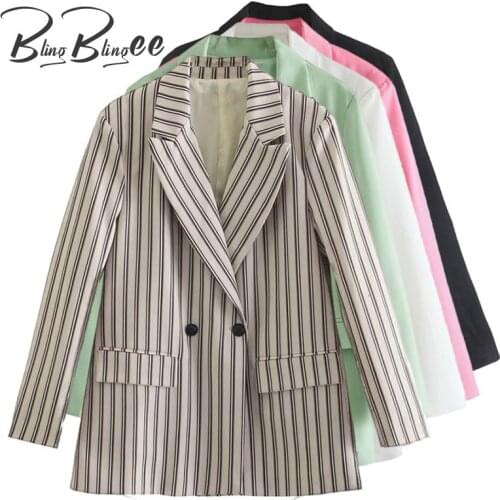 BlingBlingee Spring Summer Houndstooth Blazers Double Breasted Long Sleeve Office Lady Casual Suit Jacket Women Loose Green Coat