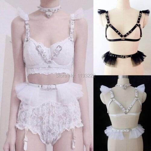 Punk Lolita Sexy Lace Fluffy Mesh Ruffle Handmade Body Leather Women Harness Underbust Bra Cage Chest Frame Bustier Waist Belt