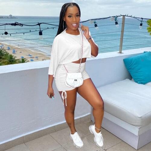 Summer Women Fashion 2 Piece Outfit Casual Sports T Shirts Crop Top + Drawstring Stacked Biker Shorts Two Piece Set Pants Suits