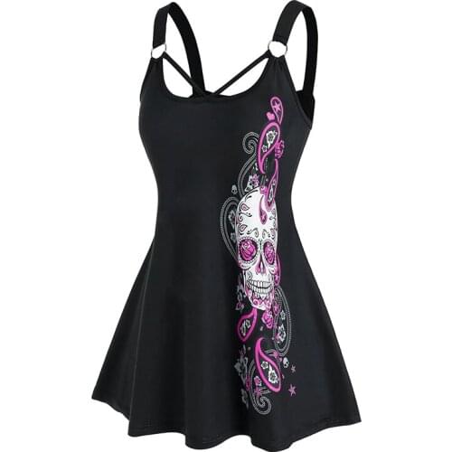 Women Black Mini Dress Gothic Skull Note Print Cami Dress Casual Party Aesthetic Vintage Female Dress Femme Sleeveless Plus Size