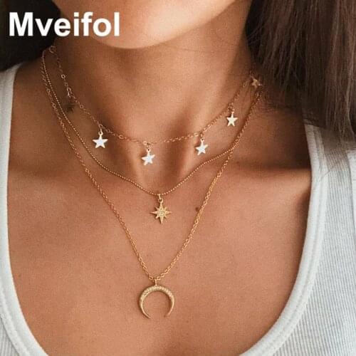 Bohemian Multi Layered Star Moon Necklace for Women Fashion Geometric Choker Necklace Collar Statement Jewelry