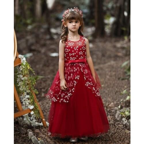2020 Summer Embroidery Pageant Trailing Princess Dress Elegant Long Tulle Dresses For Girls Ceremony Evening Party Kids Clothes