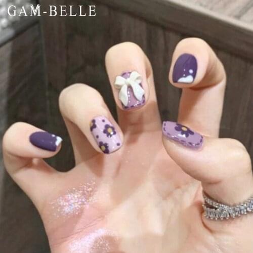 GAM-BELLE 24Pcs French White 3D Bow Fake Nails Purple Flower Graffiti Full Cover Detachable Artificial False Nails Decoration
