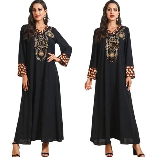 Arab Jilbab Turkish Muslim Long Dress Embroidery Abaya Dubai Middle East V-neck Ethnic Ramadan Women Patchwork Long Sleeve Robe