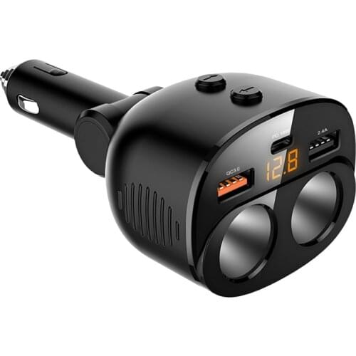 Car Charger QC 3.0 2 Sockets Splitter Adapter Dual USB PD 18W with LED Voltage Display for Car Phone GPS Dash Cam