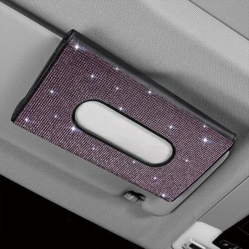 Car Sun Visor Sandwich Tissue Box Leather Seat Back Creative Rhinestone Diamond-studded Female Fashion Drawer Tissue Holder M7V8