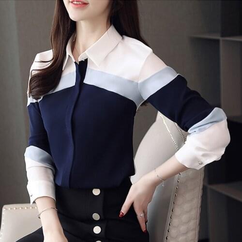 Blouses Shirts Womens Tops New Blusas Chiffon Elegant Long Sleeve Ladies Tops Button Spliced Striped Office Chiffon Lady 631G