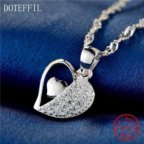 18 Inch Chain 925 Sterling Silver Women Necklace Charming Heart to Heart Pendant Necklace AAA Zircon Silver Women Jewelry