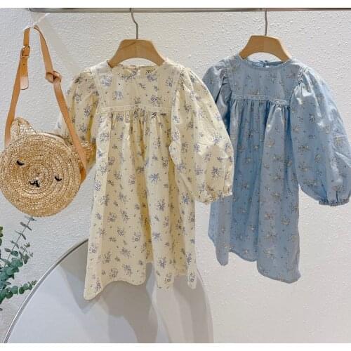Childrens Floral Dress Korea Style Clothing 2021 Spring and Autumn Girls Baby Korean Sleeve Cotton Dress