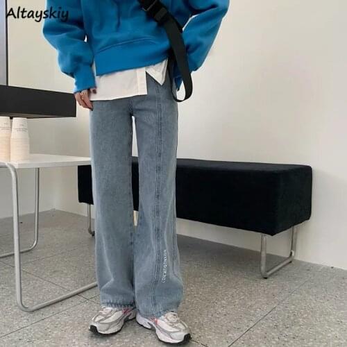 Jeans Women Popular College Full-length Embroidery Bright Line Decoration Female Trousers Vintage Wide Leg Loose Harajuku Chic