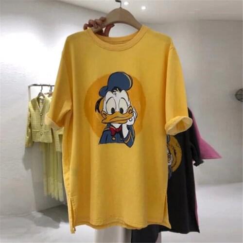Disney Donald Duck Cartoon Casual Short Sleeve T-shirt Fashion Loose Womens Clothes O-Neck Pullover Female Tee Tops Streetwear